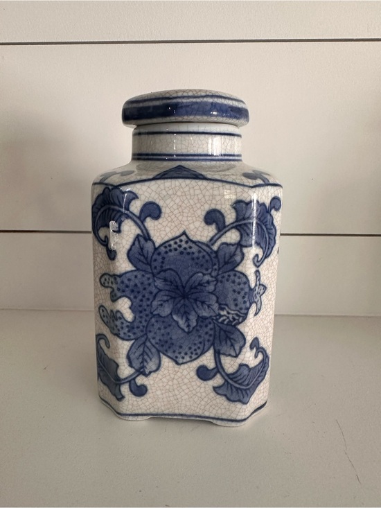 Vintage Japanese White Blue Floral Crackled Vase Other - Vintage Japanese White Blue Floral Crackled Glaze Ginger Tea Jar &Lid/Asian Vase